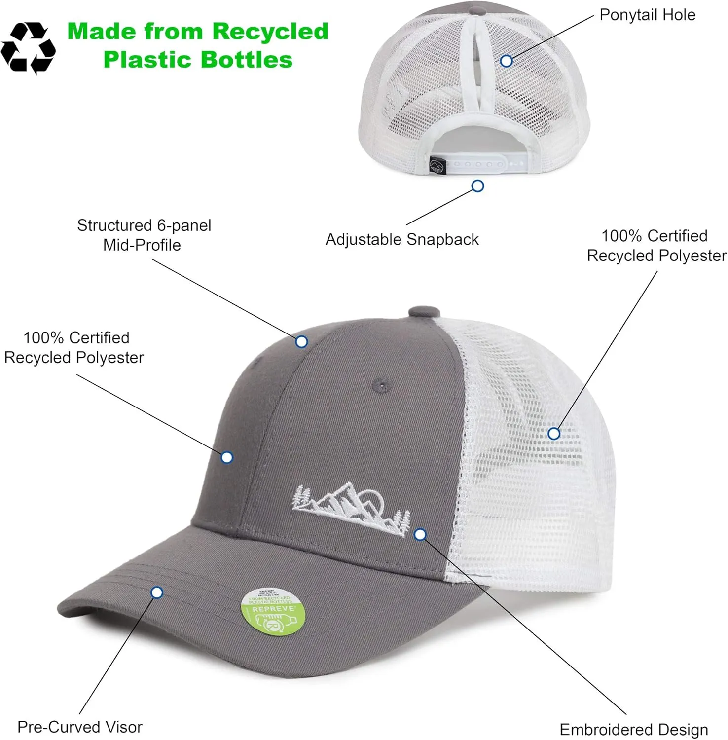 Women's Eco-Friendly Ponytail Hat Messy Bun Baseball Trucker Cap
