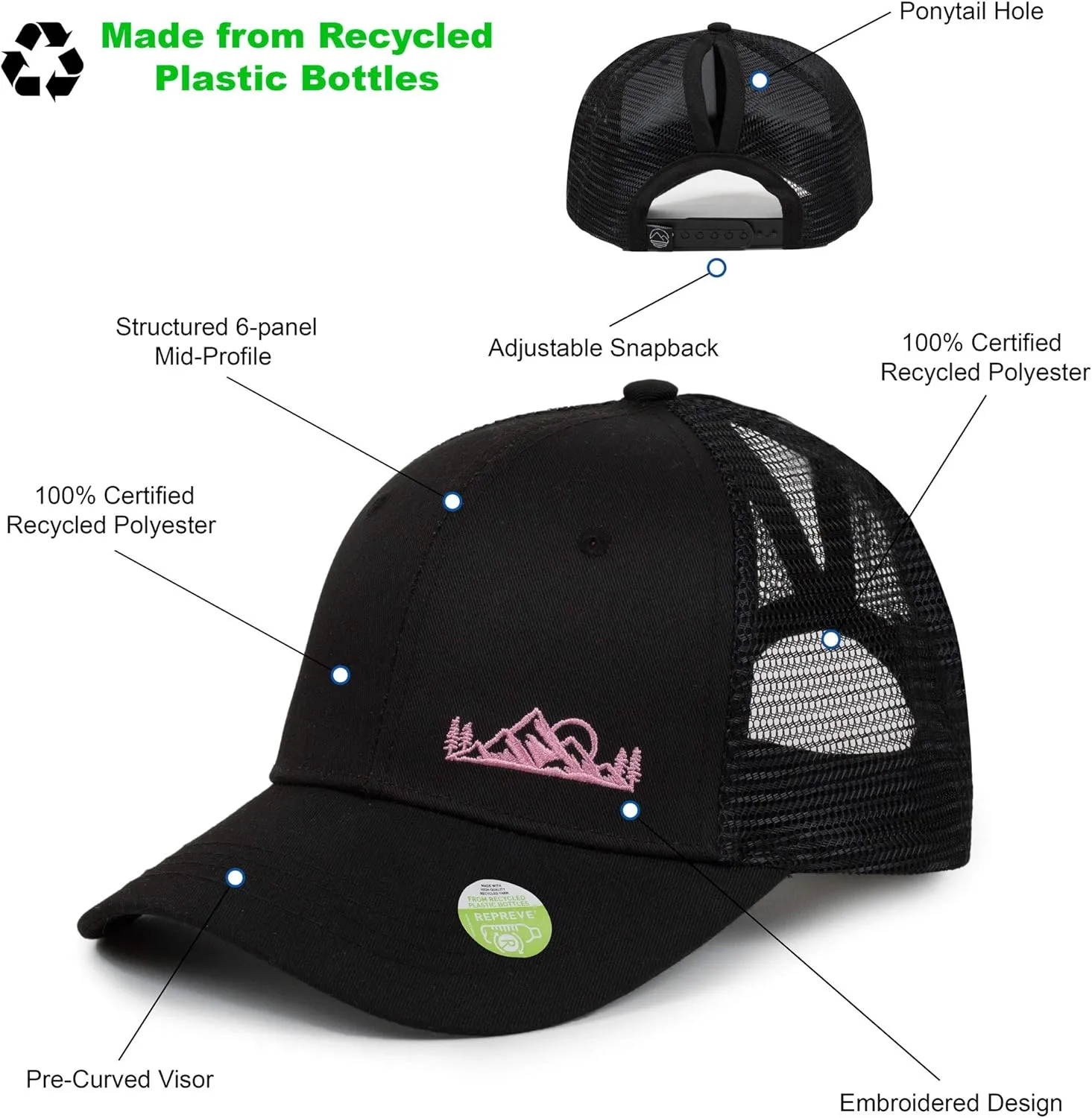 Women's Eco-Friendly Ponytail Hat Messy Bun Baseball Trucker Cap