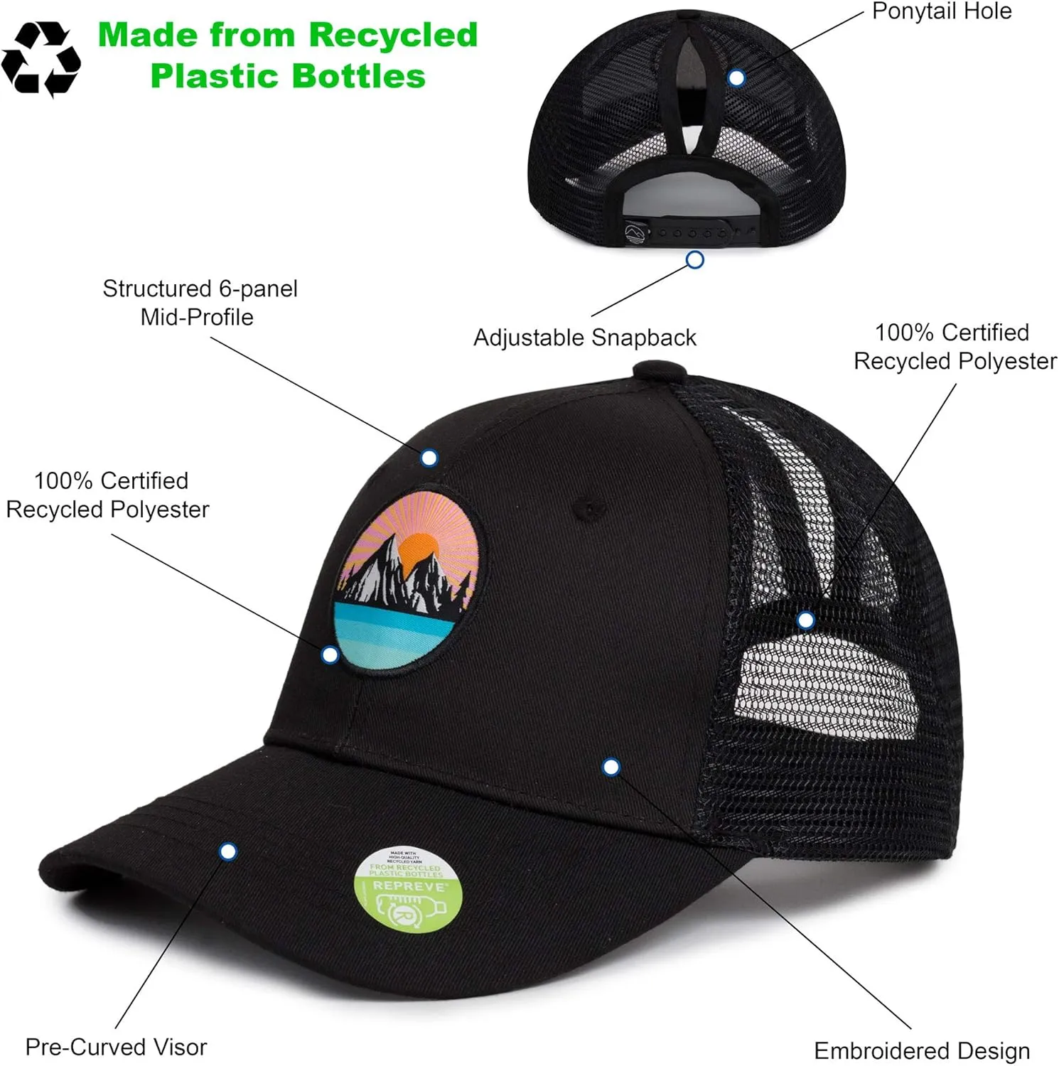 Women's Eco-Friendly Ponytail Hat Messy Bun Baseball Trucker Cap