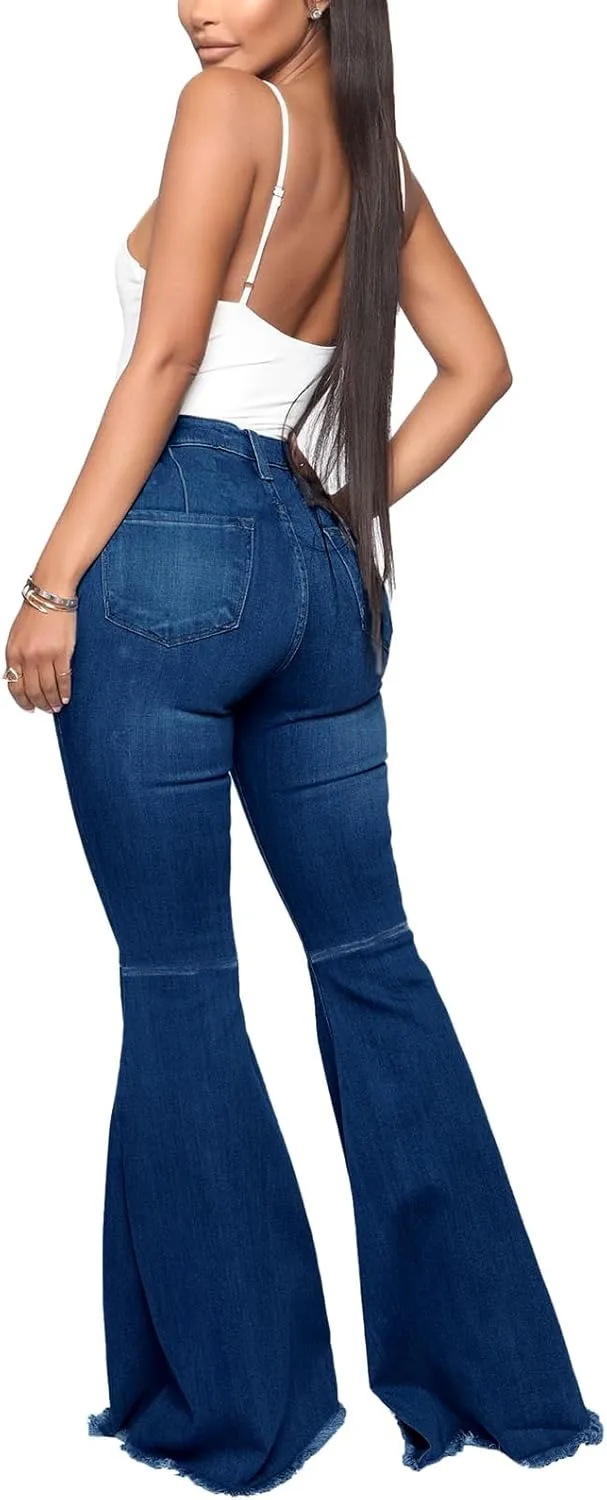 Women's Elastic Ripped Hole Classic Denim Bell Bottom Jeans