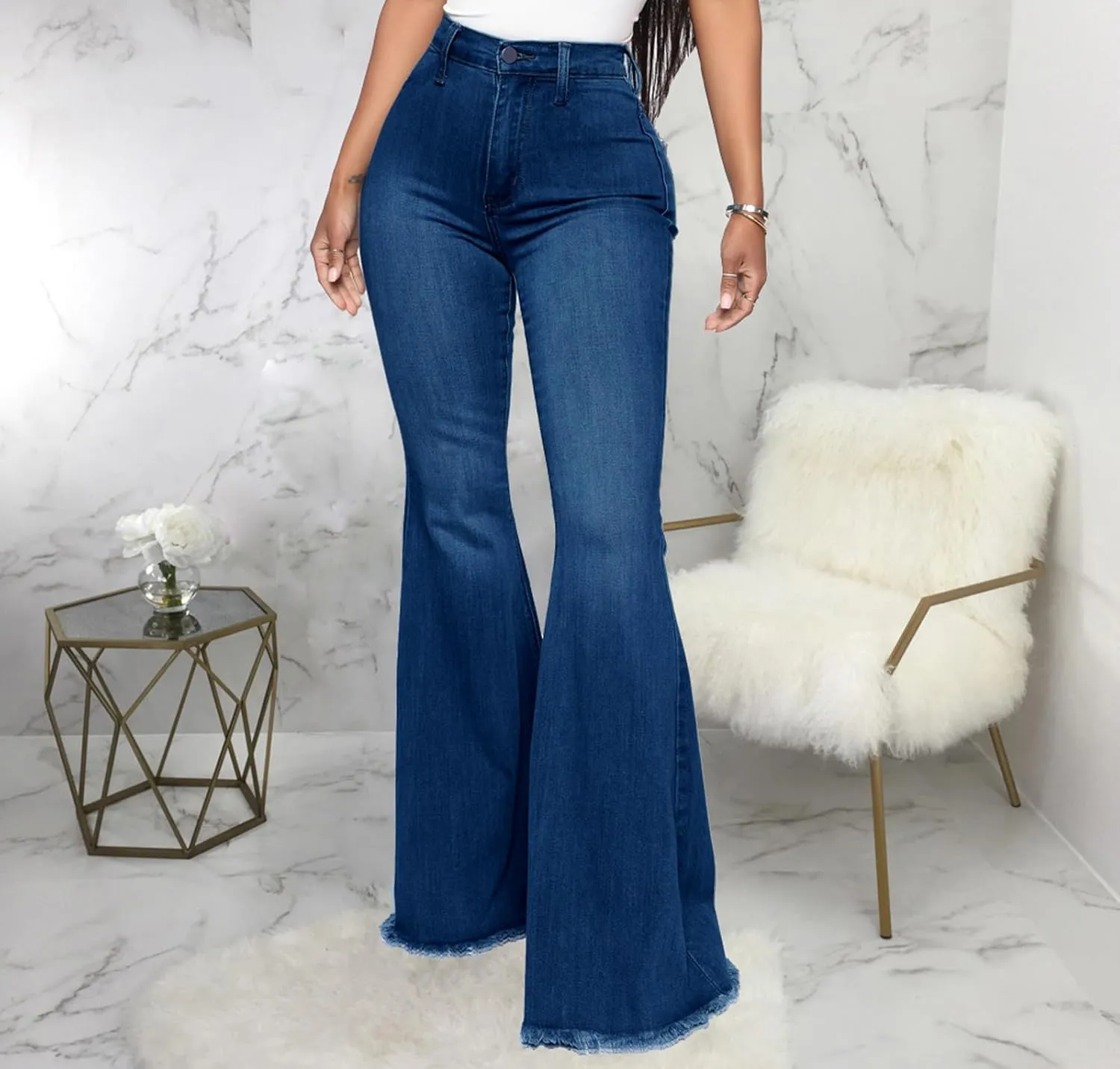 Women's Elastic Ripped Hole Classic Denim Bell Bottom Jeans