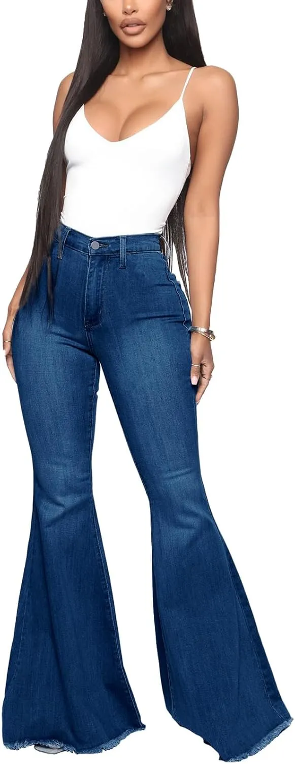 Women's Elastic Ripped Hole Classic Denim Bell Bottom Jeans