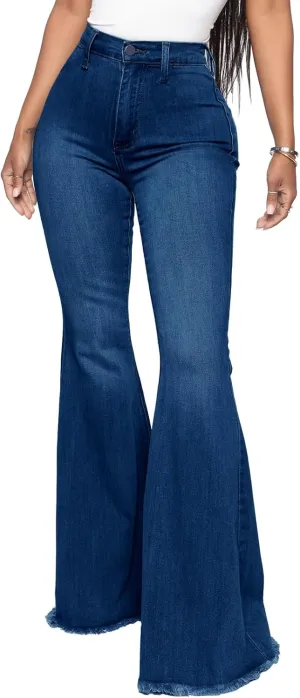 Women's Elastic Ripped Hole Classic Denim Bell Bottom Jeans