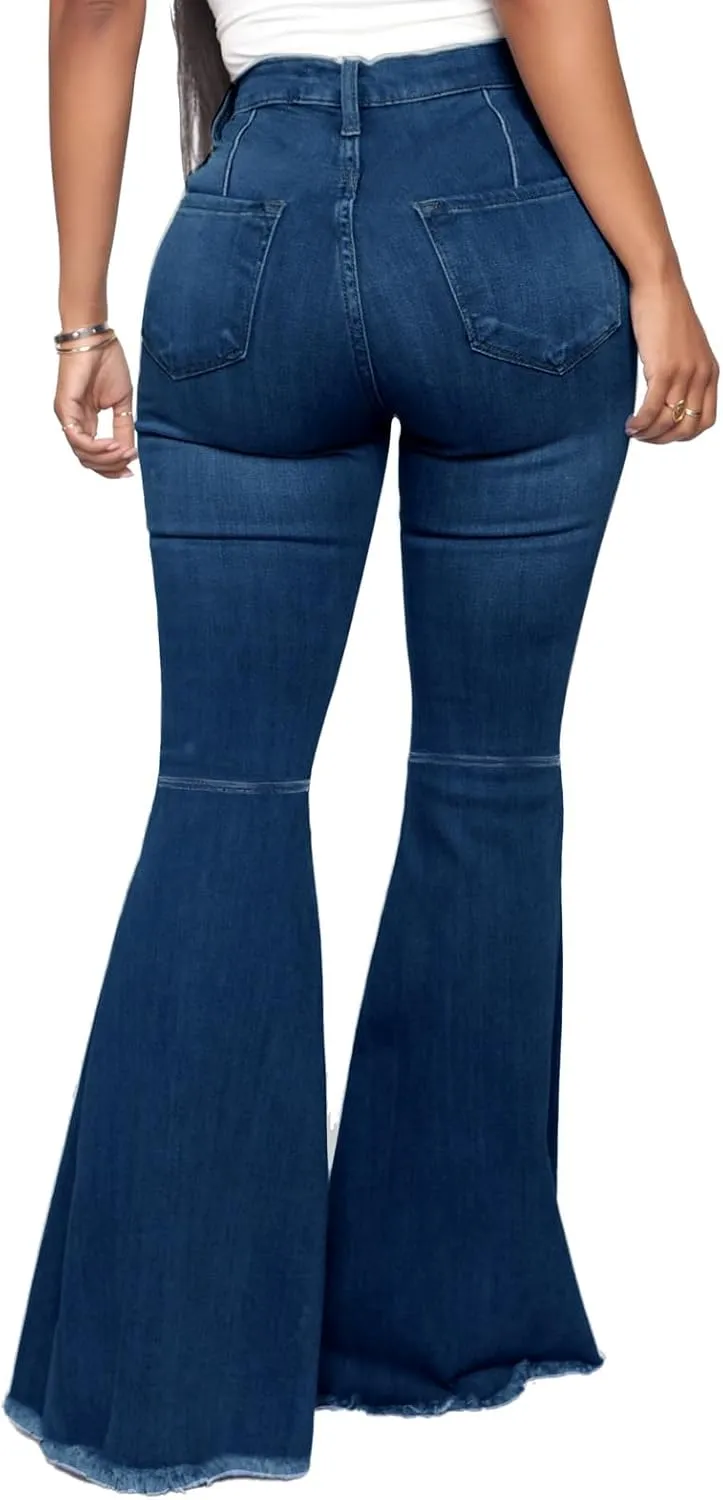 Women's Elastic Ripped Hole Classic Denim Bell Bottom Jeans