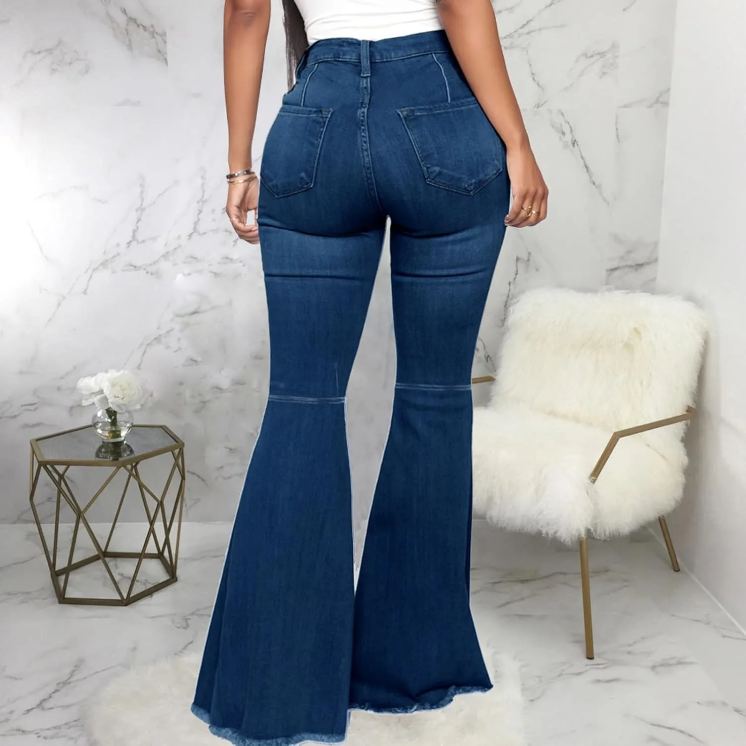 Women's Elastic Ripped Hole Classic Denim Bell Bottom Jeans