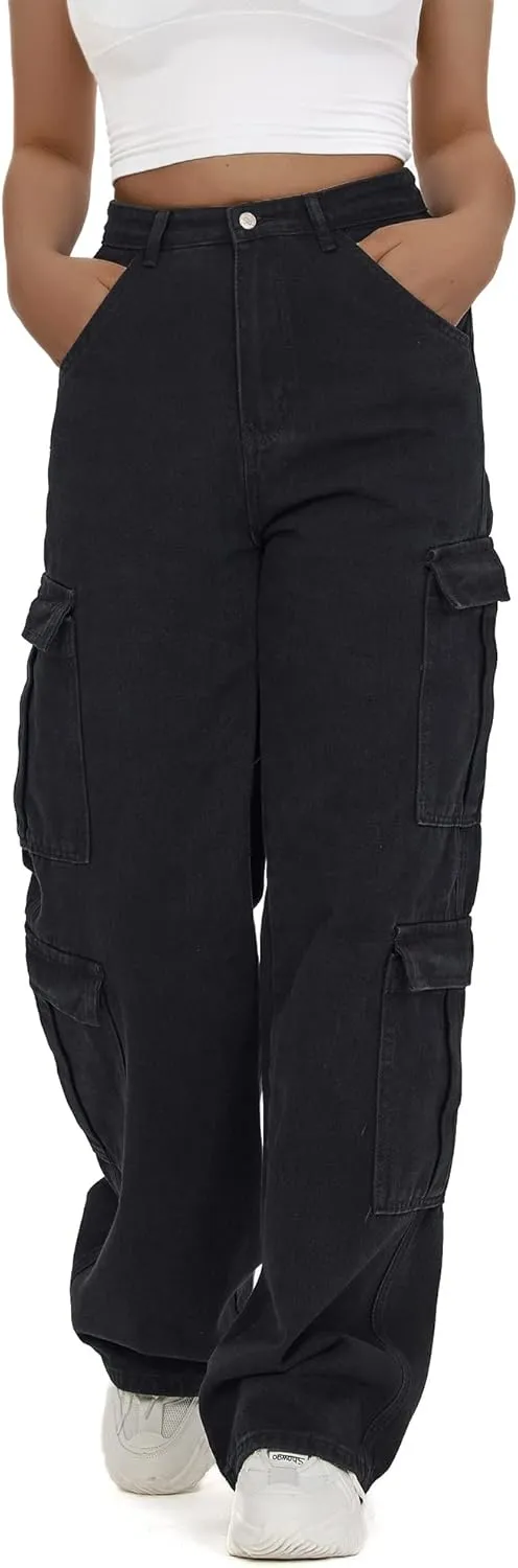 Women's High Waist Baggy Cargo Jeans Flap Pocket Y2K Streetwear Wide Leg Denim Pants