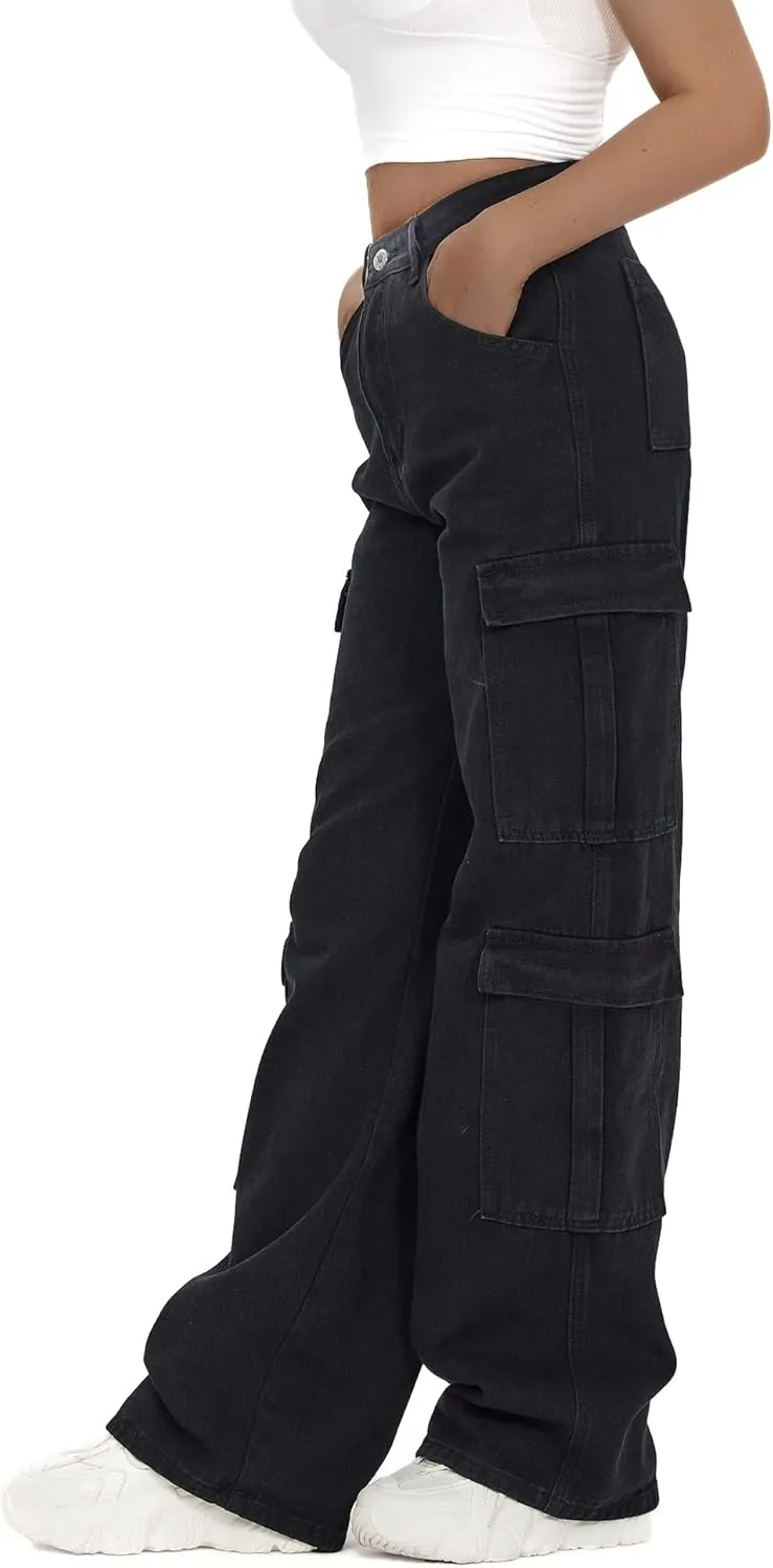 Women's High Waist Baggy Cargo Jeans Flap Pocket Y2K Streetwear Wide Leg Denim Pants