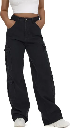 Women's High Waist Baggy Cargo Jeans Flap Pocket Y2K Streetwear Wide Leg Denim Pants