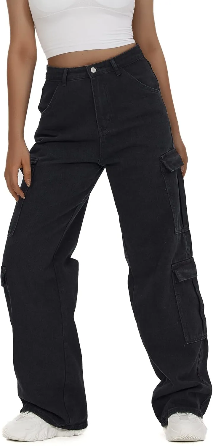 Women's High Waist Baggy Cargo Jeans Flap Pocket Y2K Streetwear Wide Leg Denim Pants