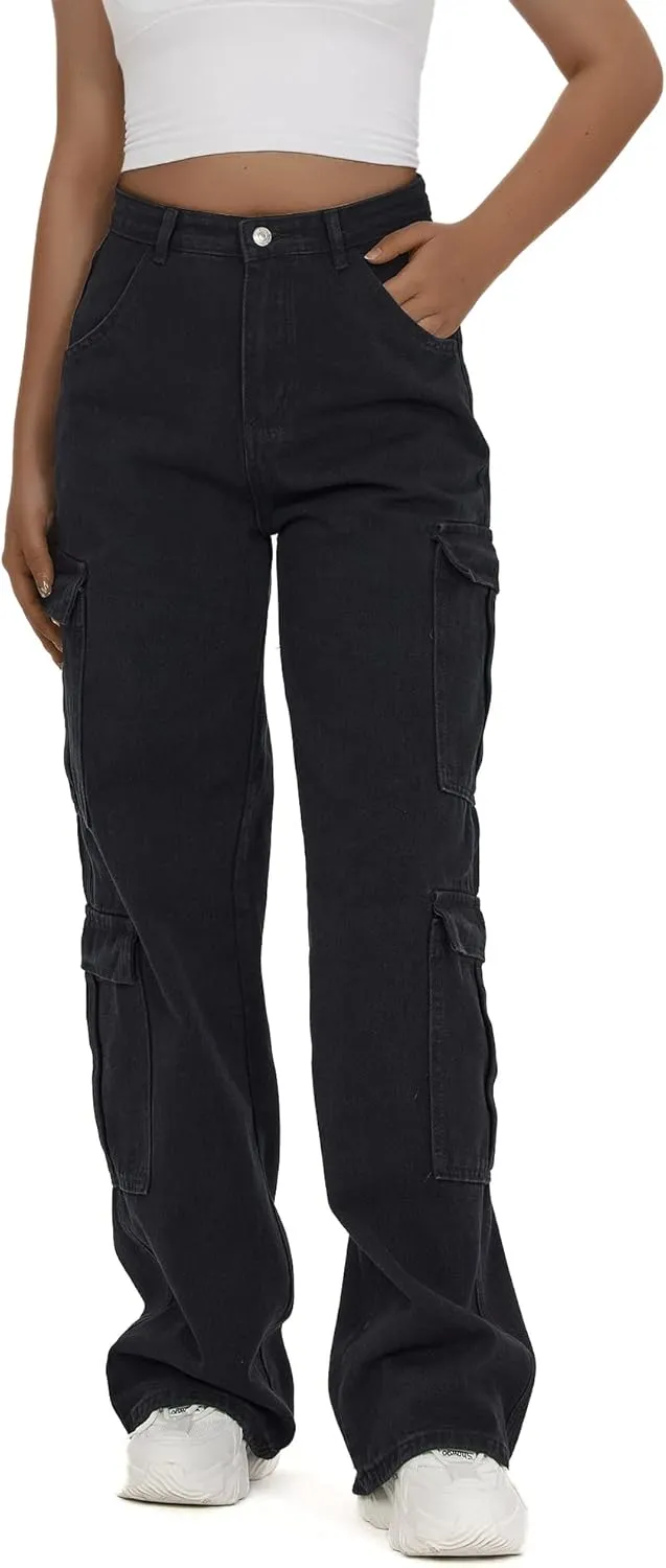 Women's High Waist Baggy Cargo Jeans Flap Pocket Y2K Streetwear Wide Leg Denim Pants