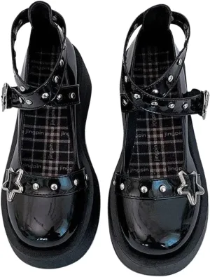 Women's Mary Jane Pumps - Chunky Heel Goth Platform Lolita Shoes - Round Toe Ankle Oxfords