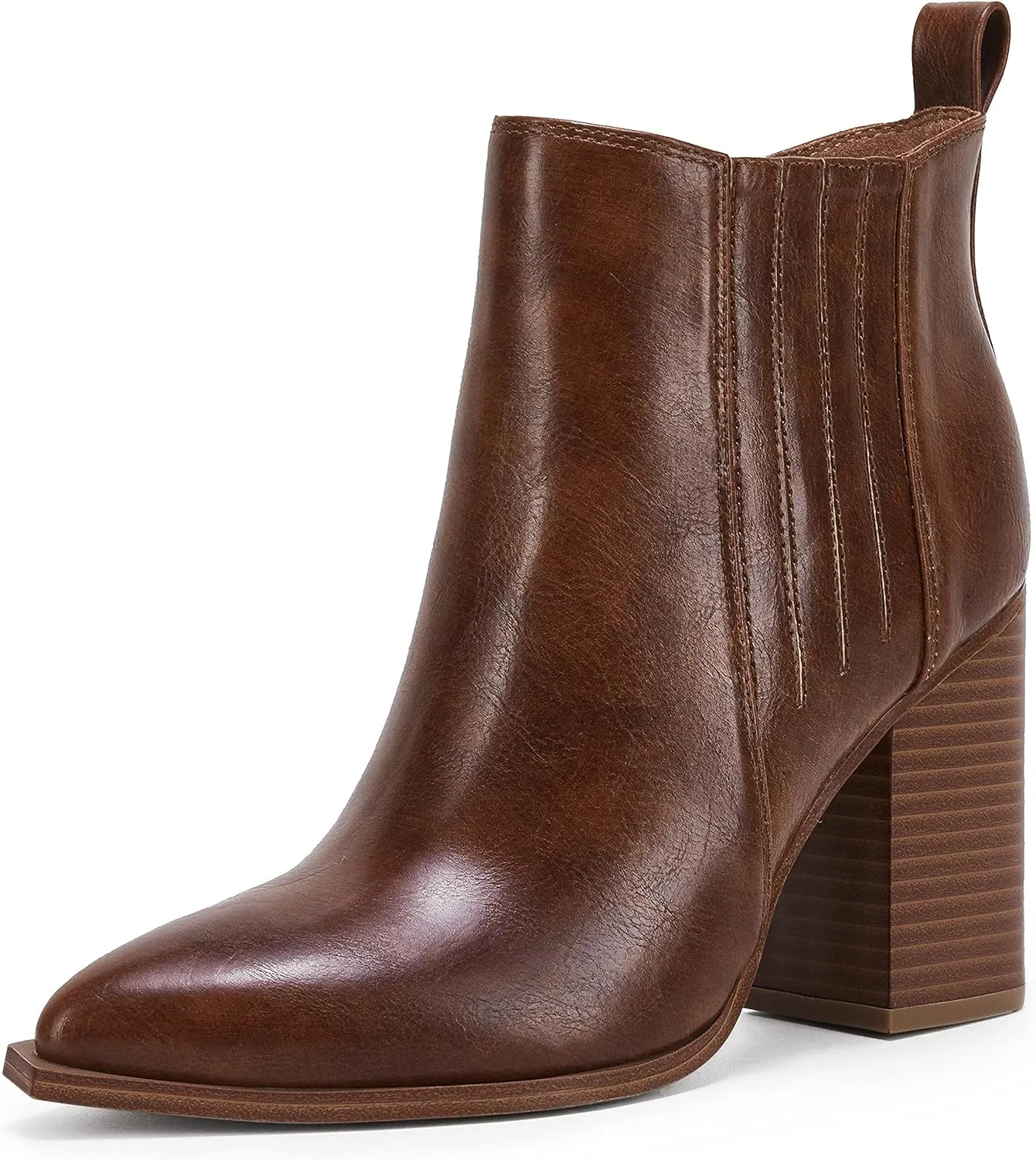 Womens Pointed Toe Slip on Ankle Booties Stacked Mid Block Heel Shoes Faux Leather Boots