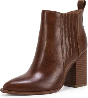 Womens Pointed Toe Slip on Ankle Booties Stacked Mid Block Heel Shoes Faux Leather Boots