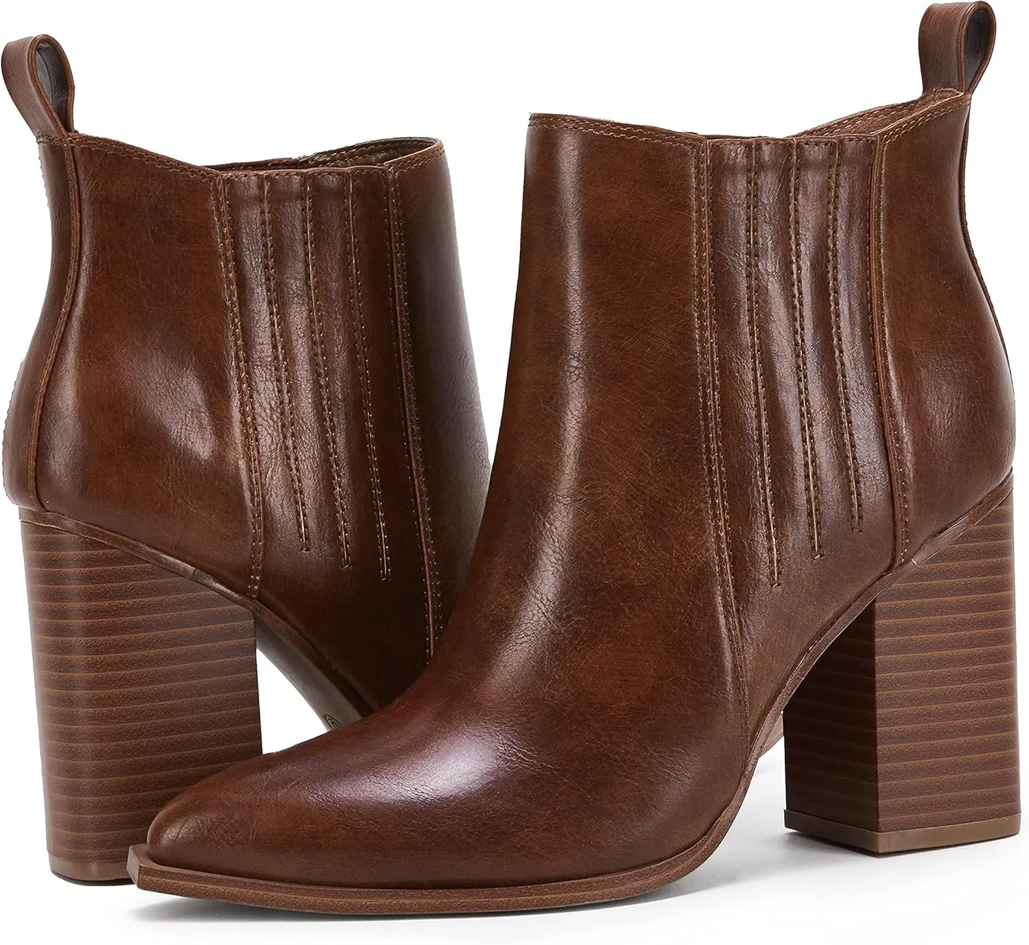 Womens Pointed Toe Slip on Ankle Booties Stacked Mid Block Heel Shoes Faux Leather Boots