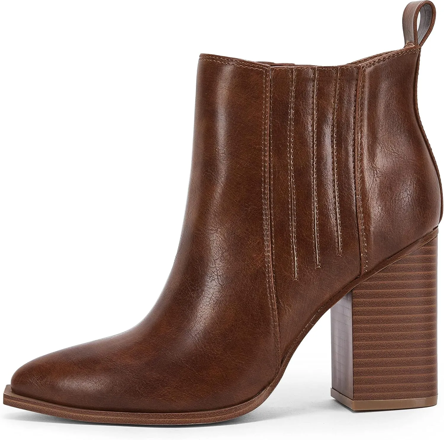 Womens Pointed Toe Slip on Ankle Booties Stacked Mid Block Heel Shoes Faux Leather Boots