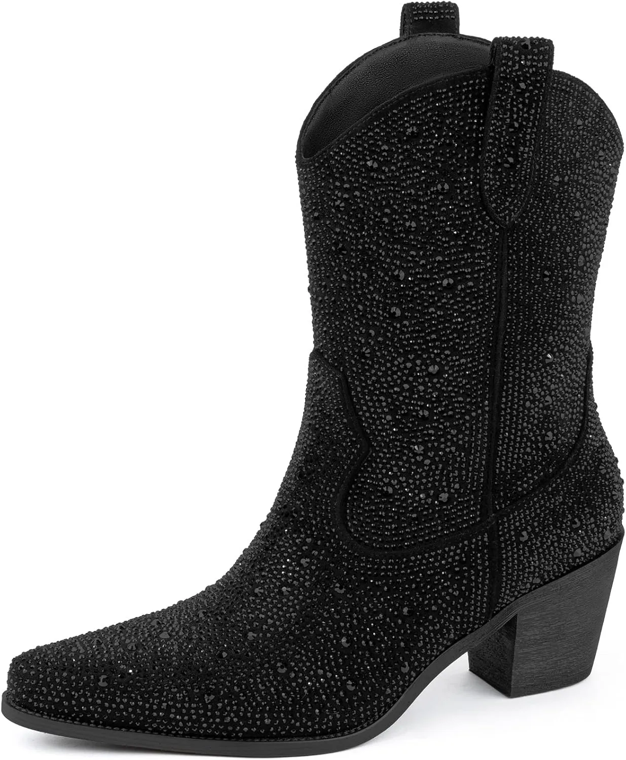 Women’s Rhinestone Cowboy Boots Mid Calf Pointed Toe Sparkly Block Heel Cowgirl Boots with Pull On Tabs