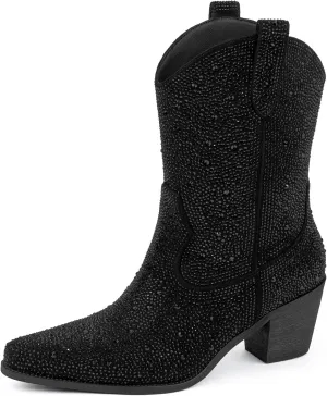 Women’s Rhinestone Cowboy Boots Mid Calf Pointed Toe Sparkly Block Heel Cowgirl Boots with Pull On Tabs