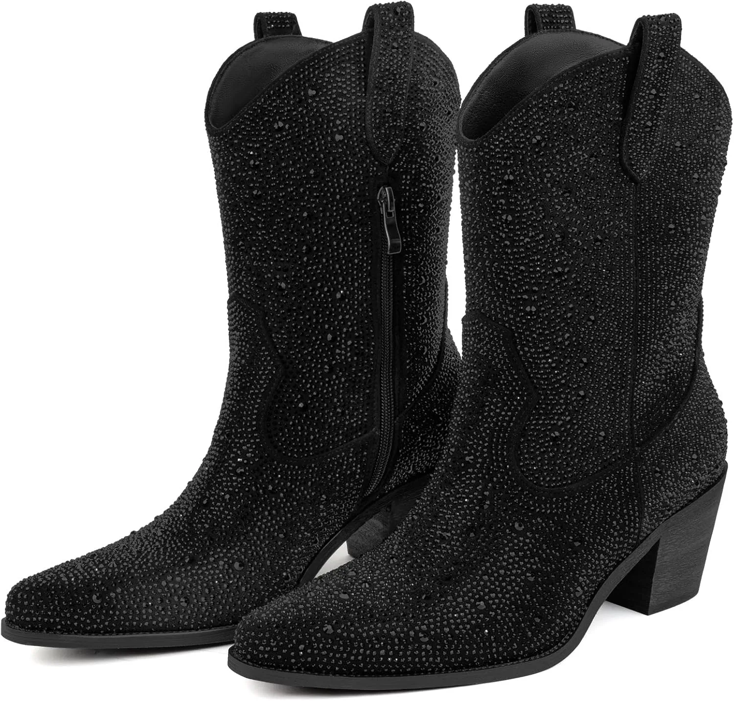 Women’s Rhinestone Cowboy Boots Mid Calf Pointed Toe Sparkly Block Heel Cowgirl Boots with Pull On Tabs
