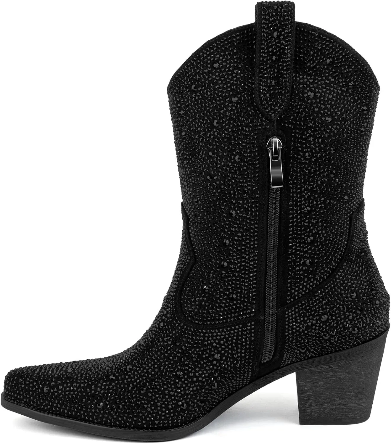 Women’s Rhinestone Cowboy Boots Mid Calf Pointed Toe Sparkly Block Heel Cowgirl Boots with Pull On Tabs