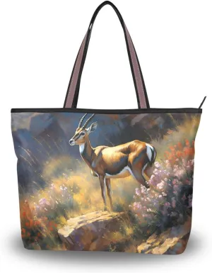 Women's Tote Bag-Gazelle Bush Print, Cloth Zipper Shoulder Bag Handbag Reusable Grocery Bag