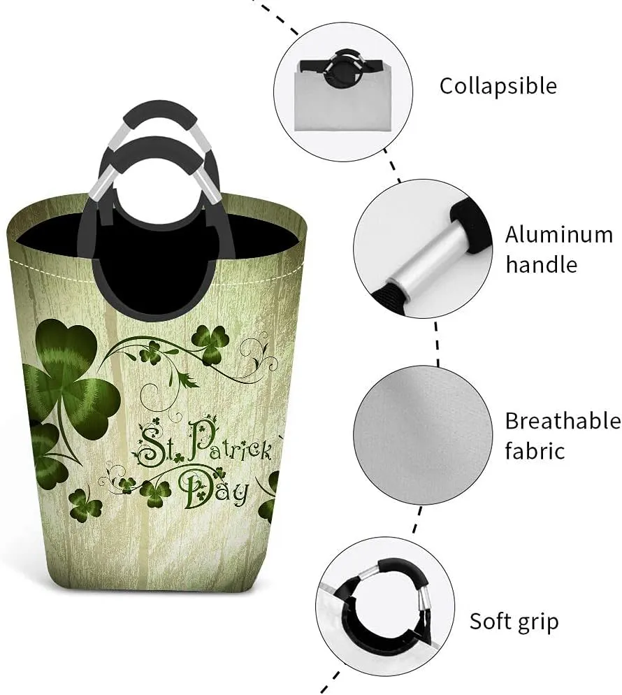 Wondertify St.Patrick Day Laundry Hamper Shamrocks Lettering Lucky Clover Clothes Basket With Easy Carry Handles For Clothes Organizer Toys Storage Wooden