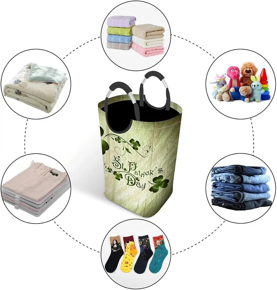 Wondertify St.Patrick Day Laundry Hamper Shamrocks Lettering Lucky Clover Clothes Basket With Easy Carry Handles For Clothes Organizer Toys Storage Wooden