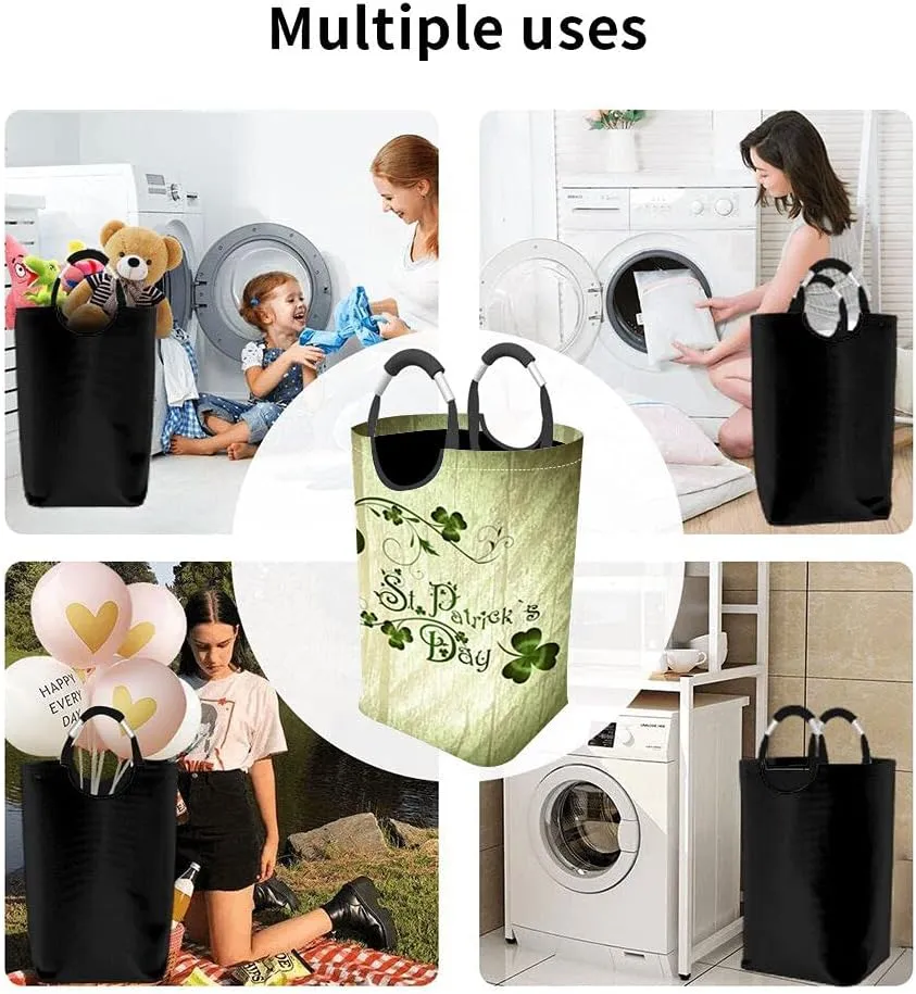 Wondertify St.Patrick Day Laundry Hamper Shamrocks Lettering Lucky Clover Clothes Basket With Easy Carry Handles For Clothes Organizer Toys Storage Wooden