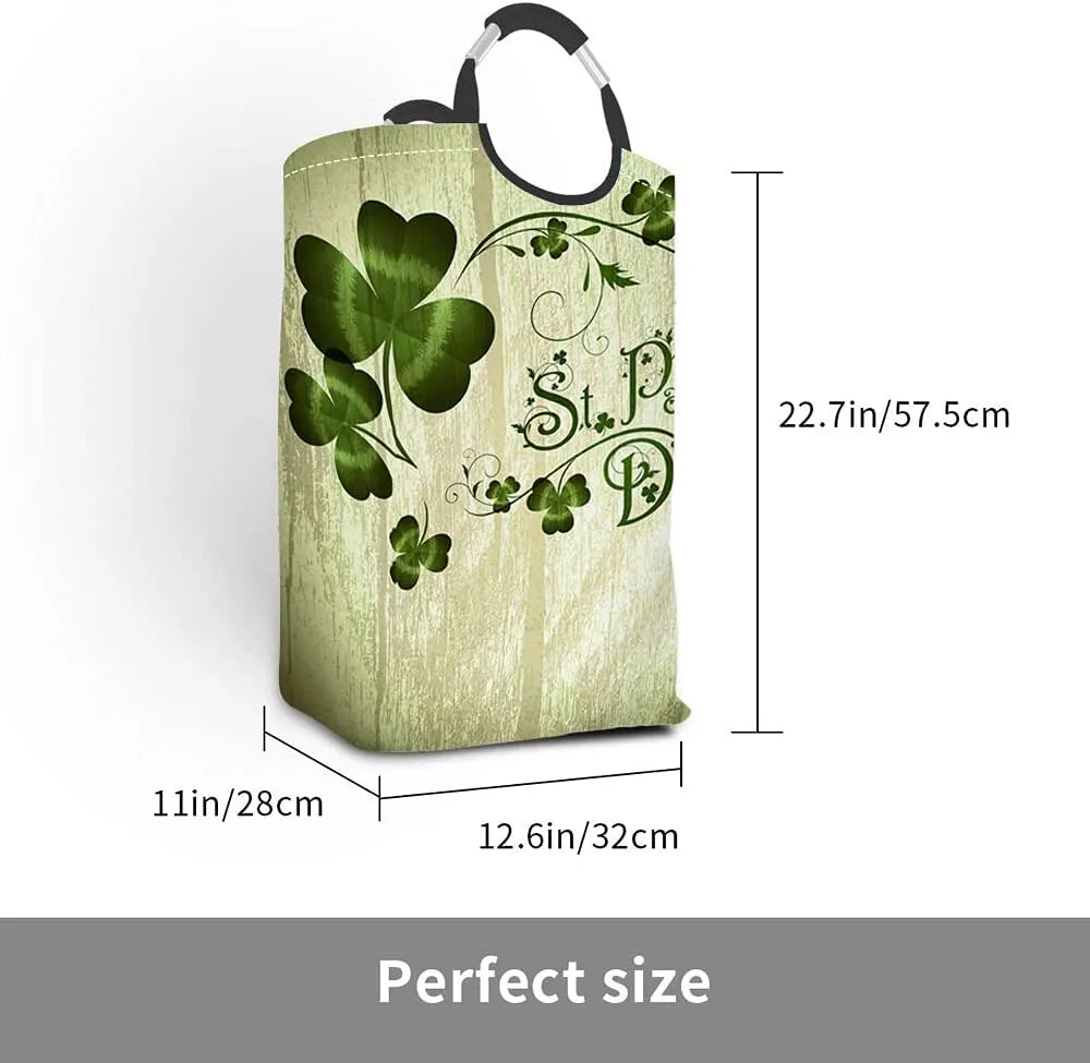 Wondertify St.Patrick Day Laundry Hamper Shamrocks Lettering Lucky Clover Clothes Basket With Easy Carry Handles For Clothes Organizer Toys Storage Wooden