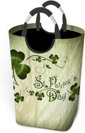 Wondertify St.Patrick Day Laundry Hamper Shamrocks Lettering Lucky Clover Clothes Basket With Easy Carry Handles For Clothes Organizer Toys Storage Wooden