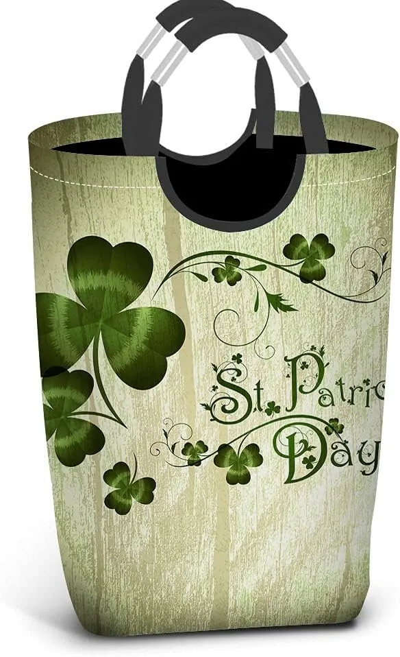 Wondertify St.Patrick Day Laundry Hamper Shamrocks Lettering Lucky Clover Clothes Basket With Easy Carry Handles For Clothes Organizer Toys Storage Wooden