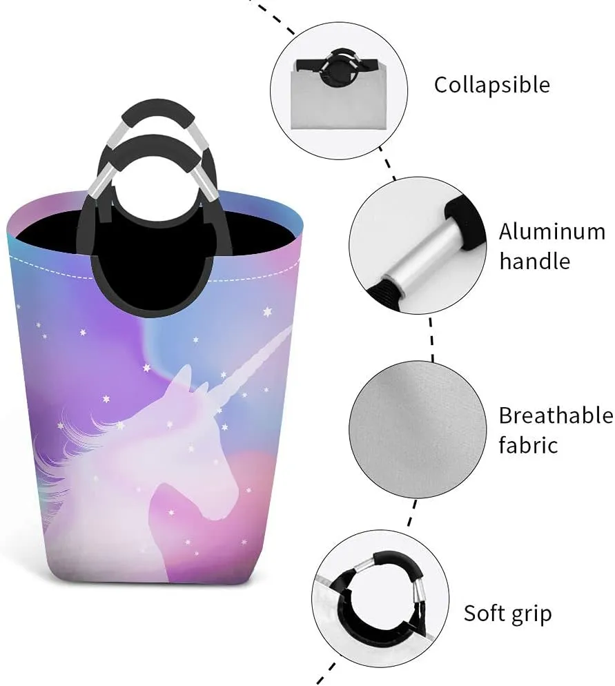 Wondertify Unicorn Holographic Laundry Hamper Bokeh Sparkle Magical Stars Clothes Basket With Easy Carry Handles For Clothes Organizer Toys Storage