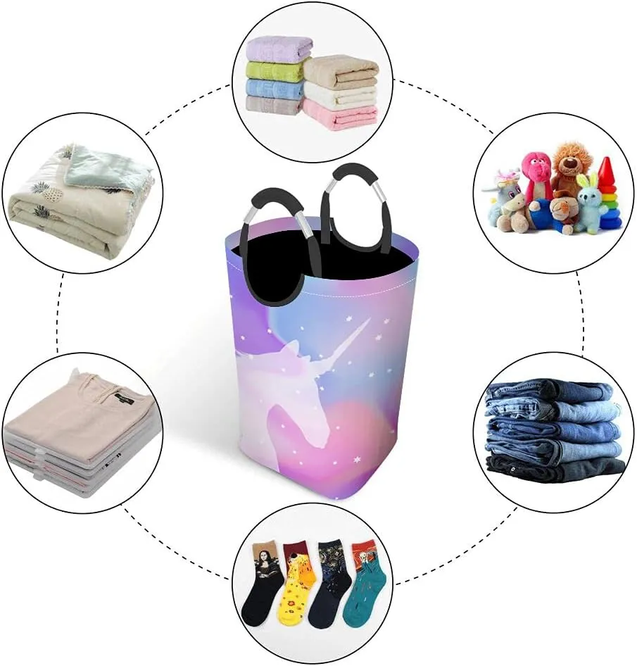 Wondertify Unicorn Holographic Laundry Hamper Bokeh Sparkle Magical Stars Clothes Basket With Easy Carry Handles For Clothes Organizer Toys Storage