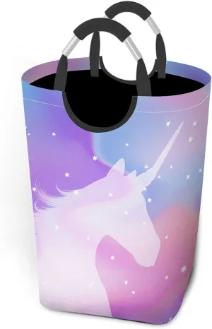 Wondertify Unicorn Holographic Laundry Hamper Bokeh Sparkle Magical Stars Clothes Basket With Easy Carry Handles For Clothes Organizer Toys Storage