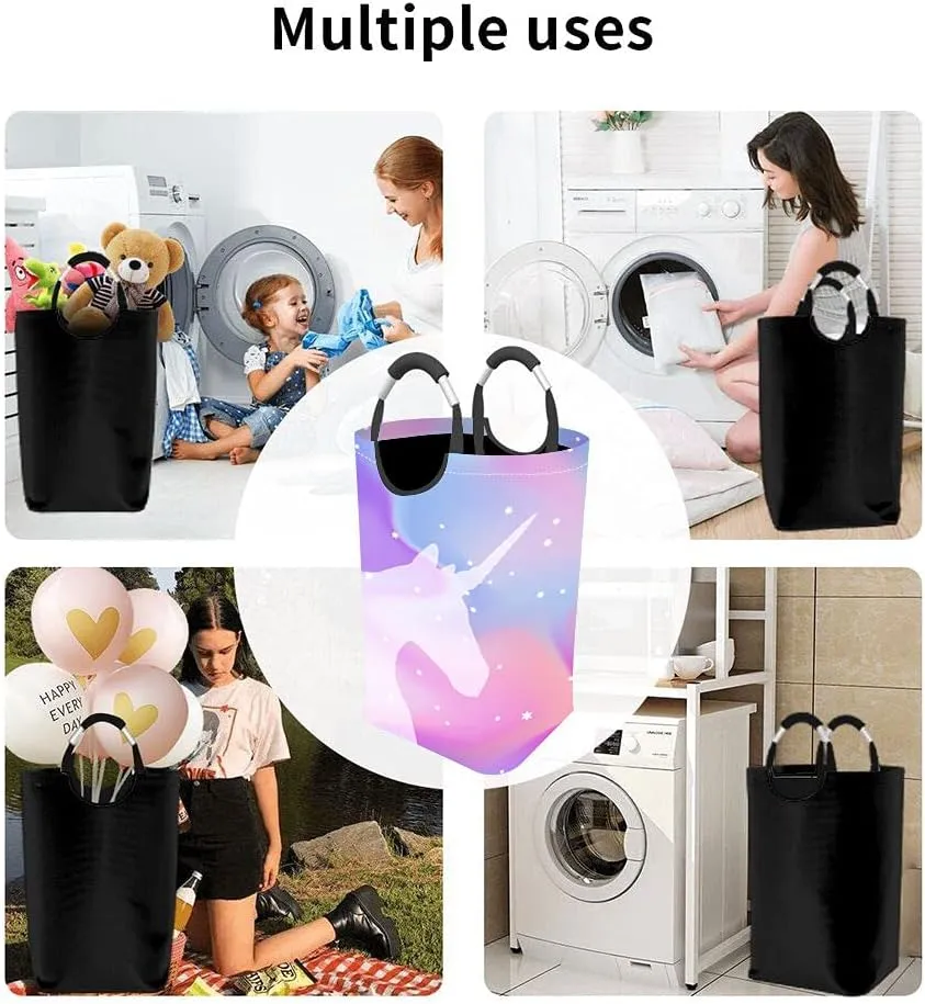 Wondertify Unicorn Holographic Laundry Hamper Bokeh Sparkle Magical Stars Clothes Basket With Easy Carry Handles For Clothes Organizer Toys Storage