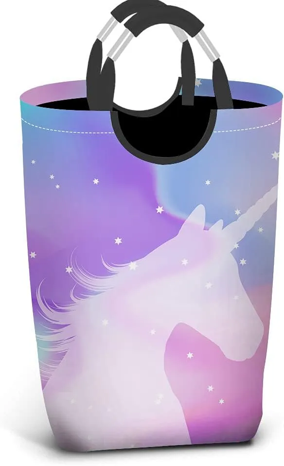 Wondertify Unicorn Holographic Laundry Hamper Bokeh Sparkle Magical Stars Clothes Basket With Easy Carry Handles For Clothes Organizer Toys Storage