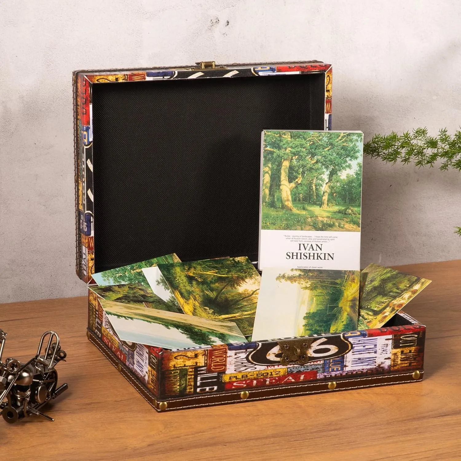 Wood and Leather Treasure Chest Box with Lid and Lock - 10.6"×8.3"×3.7" Small Decorative Wooden Jewelry Keepsakes Storage Box for Birthday Travel Letter Home Decor Gift - Route 66 Pattern