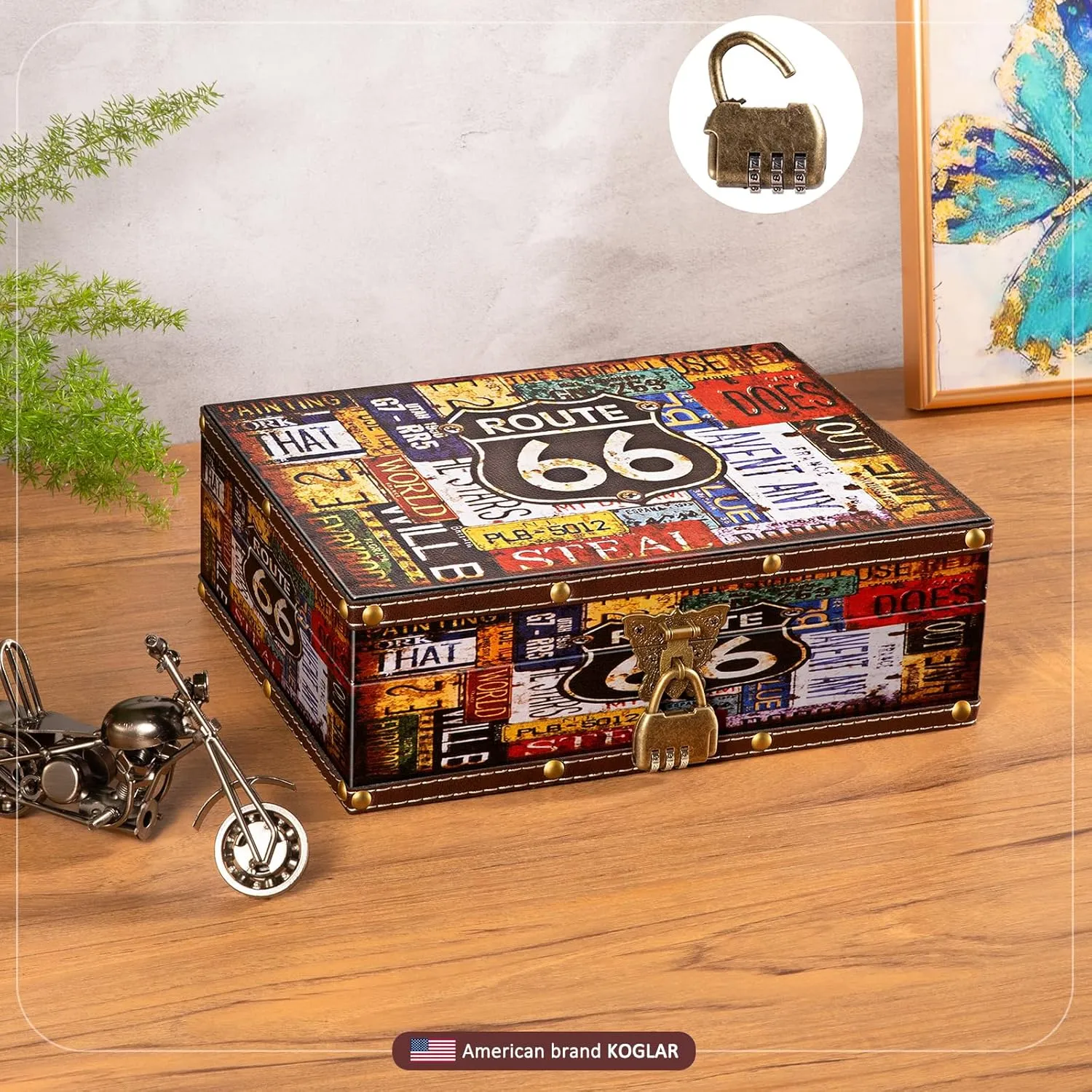 Wood and Leather Treasure Chest Box with Lid and Lock - 10.6"×8.3"×3.7" Small Decorative Wooden Jewelry Keepsakes Storage Box for Birthday Travel Letter Home Decor Gift - Route 66 Pattern