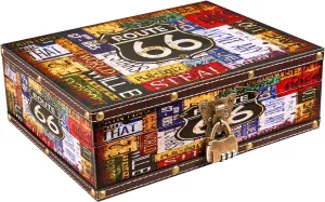 Wood and Leather Treasure Chest Box with Lid and Lock - 10.6"×8.3"×3.7" Small Decorative Wooden Jewelry Keepsakes Storage Box for Birthday Travel Letter Home Decor Gift - Route 66 Pattern