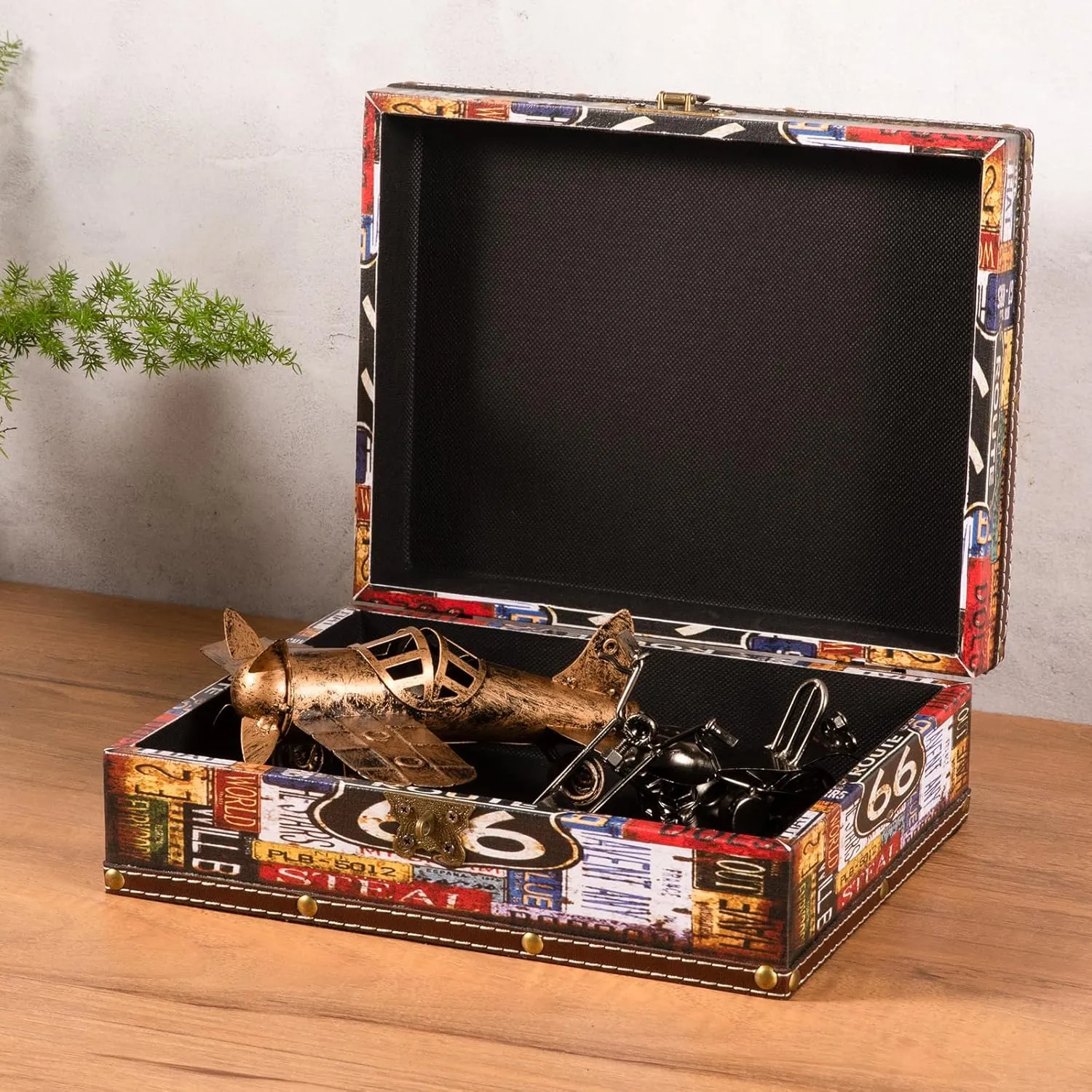 Wood and Leather Treasure Chest Box with Lid and Lock - 10.6"×8.3"×3.7" Small Decorative Wooden Jewelry Keepsakes Storage Box for Birthday Travel Letter Home Decor Gift - Route 66 Pattern