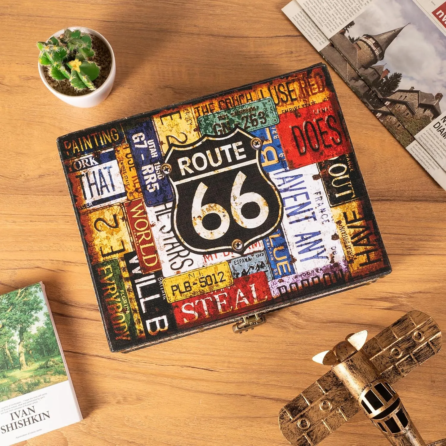 Wood and Leather Treasure Chest Box with Lid and Lock - 10.6"×8.3"×3.7" Small Decorative Wooden Jewelry Keepsakes Storage Box for Birthday Travel Letter Home Decor Gift - Route 66 Pattern