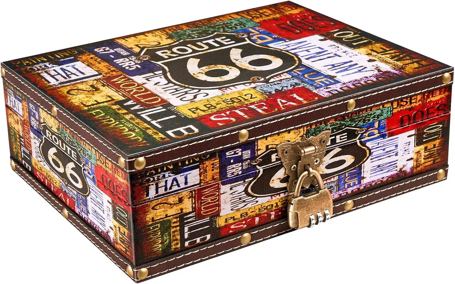 Wood and Leather Treasure Chest Box with Lid and Lock - 10.6"×8.3"×3.7" Small Decorative Wooden Jewelry Keepsakes Storage Box for Birthday Travel Letter Home Decor Gift - Route 66 Pattern