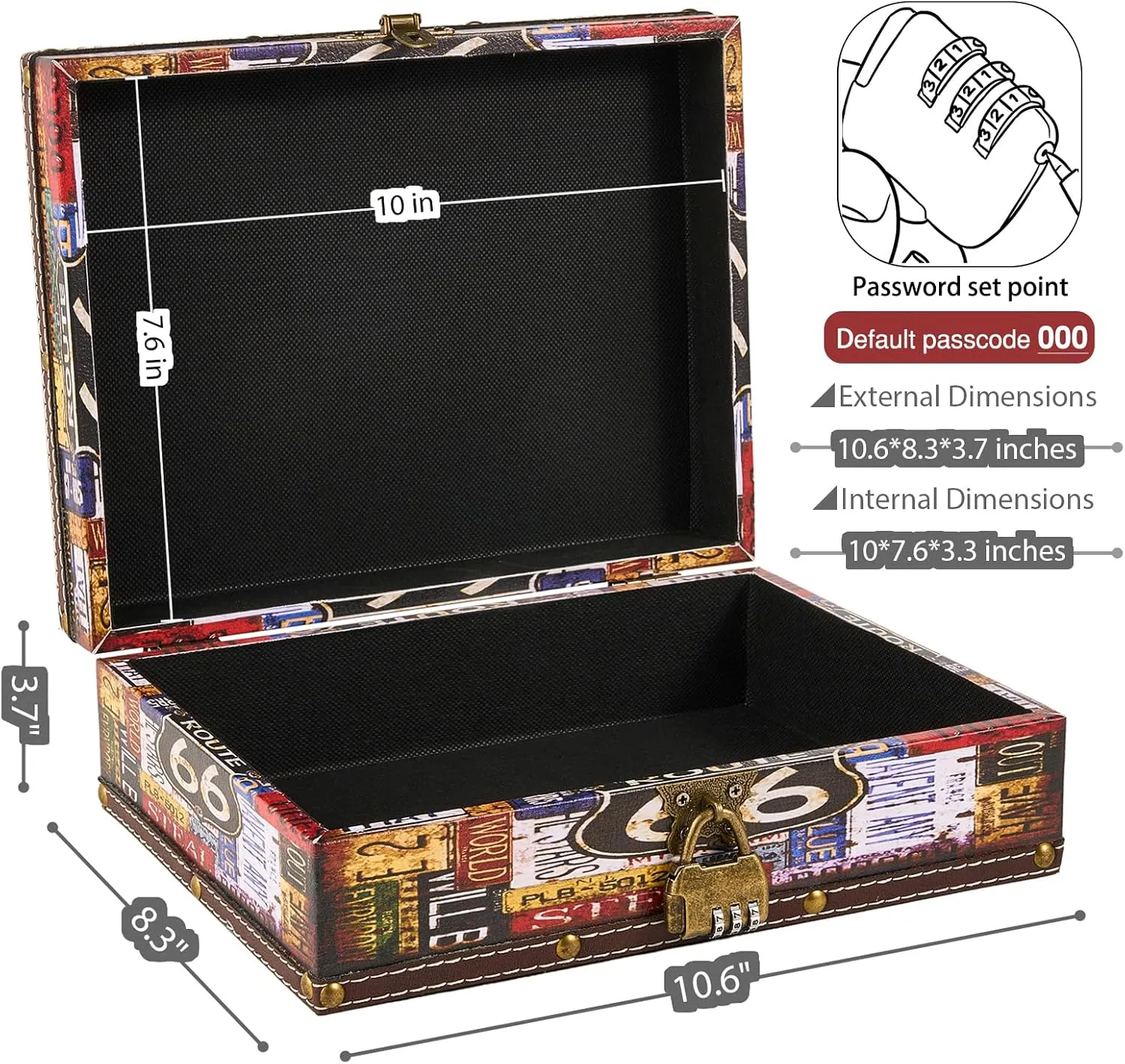 Wood and Leather Treasure Chest Box with Lid and Lock - 10.6"×8.3"×3.7" Small Decorative Wooden Jewelry Keepsakes Storage Box for Birthday Travel Letter Home Decor Gift - Route 66 Pattern