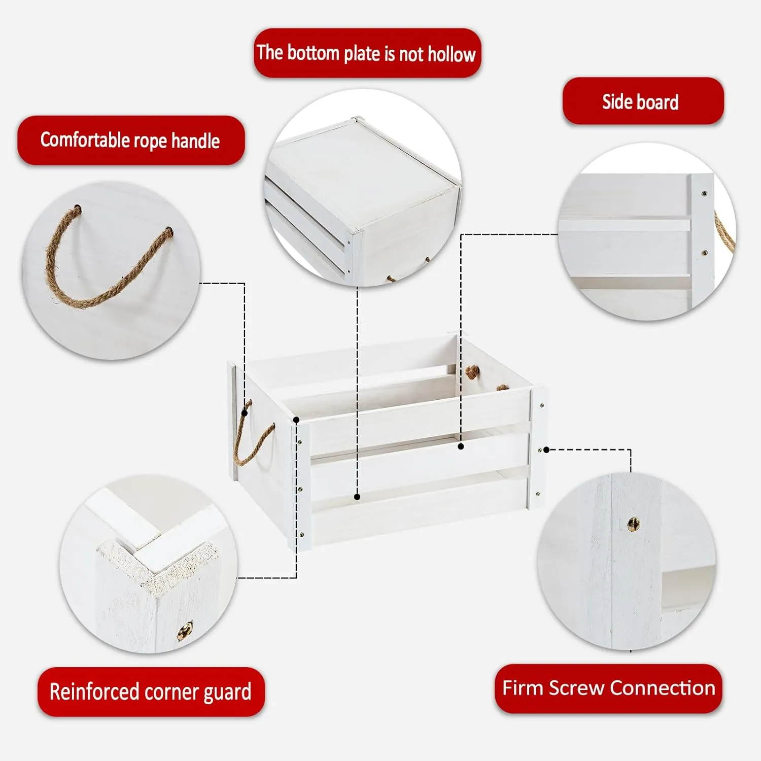Wooden Crates, Farmhouse Wooden Crates for Storage with Rope Handles, Solid Wood Crates for Display, Durable Wooden Crate Box, Handmade Large Wooden Crates for Decor, White Crate, 2 Pack