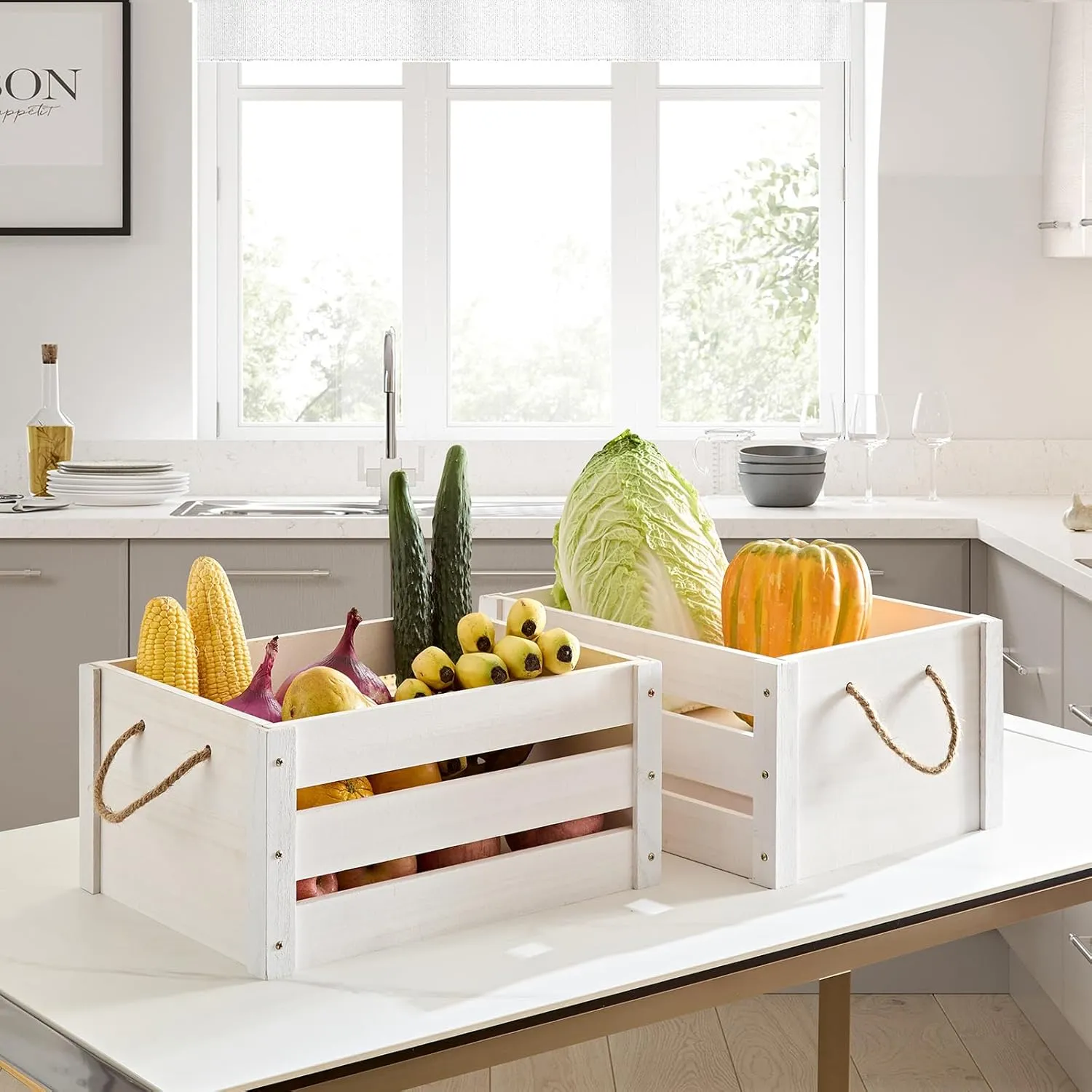 Wooden Crates, Farmhouse Wooden Crates for Storage with Rope Handles, Solid Wood Crates for Display, Durable Wooden Crate Box, Handmade Large Wooden Crates for Decor, White Crate, 2 Pack