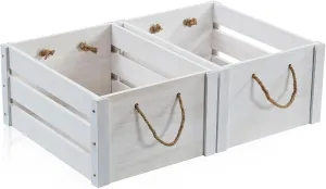 Wooden Crates, Farmhouse Wooden Crates for Storage with Rope Handles, Solid Wood Crates for Display, Durable Wooden Crate Box, Handmade Large Wooden Crates for Decor, White Crate, 2 Pack
