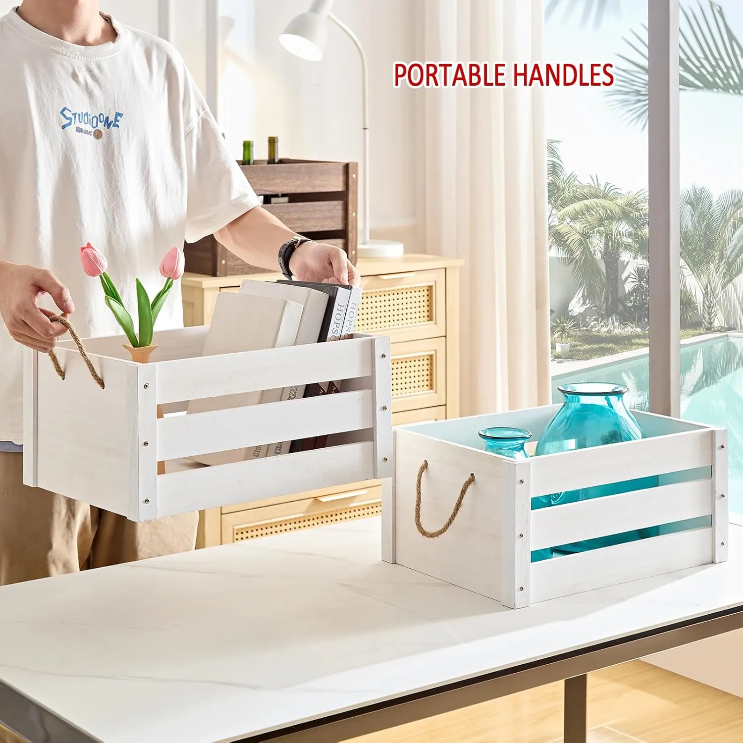 Wooden Crates, Farmhouse Wooden Crates for Storage with Rope Handles, Solid Wood Crates for Display, Durable Wooden Crate Box, Handmade Large Wooden Crates for Decor, White Crate, 2 Pack