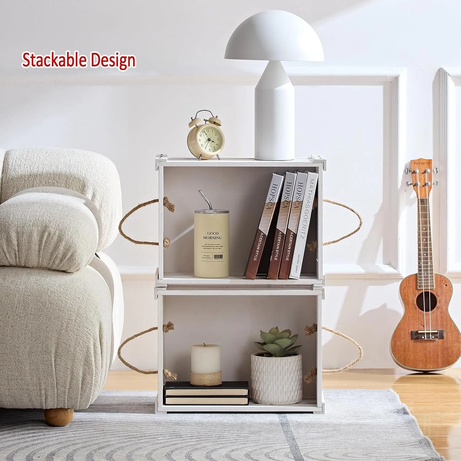 Wooden Crates, Farmhouse Wooden Crates for Storage with Rope Handles, Solid Wood Crates for Display, Durable Wooden Crate Box, Handmade Large Wooden Crates for Decor, White Crate, 2 Pack