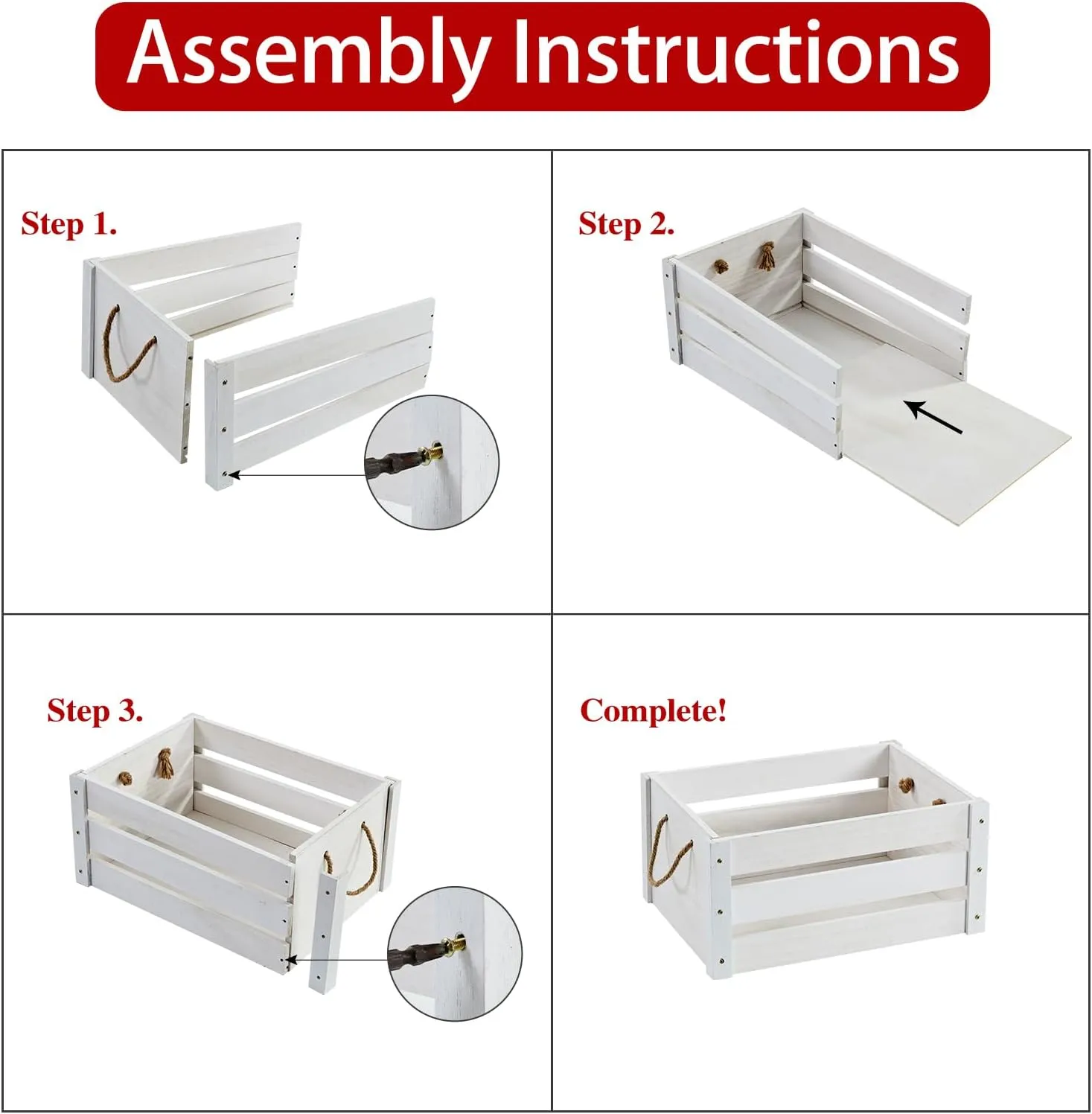 Wooden Crates, Farmhouse Wooden Crates for Storage with Rope Handles, Solid Wood Crates for Display, Durable Wooden Crate Box, Handmade Large Wooden Crates for Decor, White Crate, 2 Pack