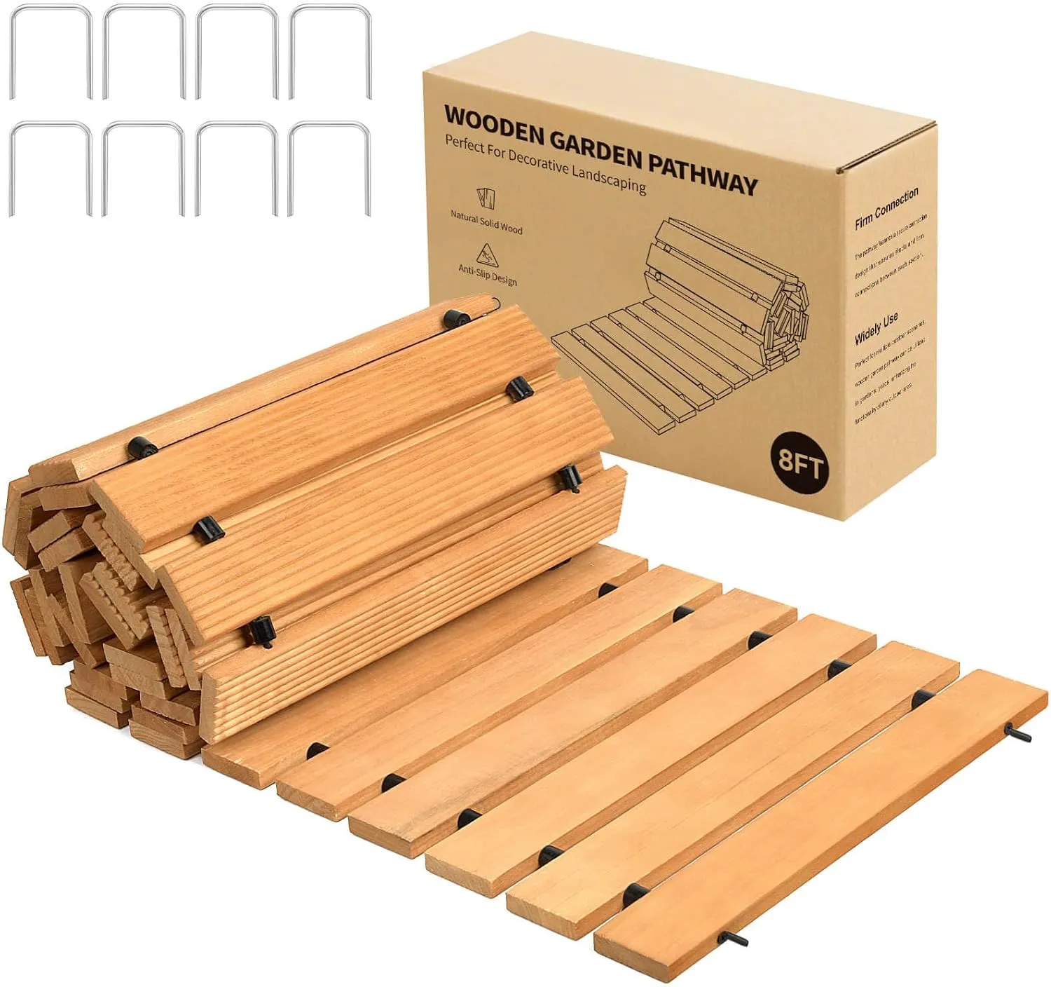 Wooden Garden Edging Outdoor Walkway - 8 FT Roll Out Straight Walkway, Wooden Walkway with Non-Slip Surface, Decorative Boardwalk Path for Outdoor Garden Backyard Wedding Party
