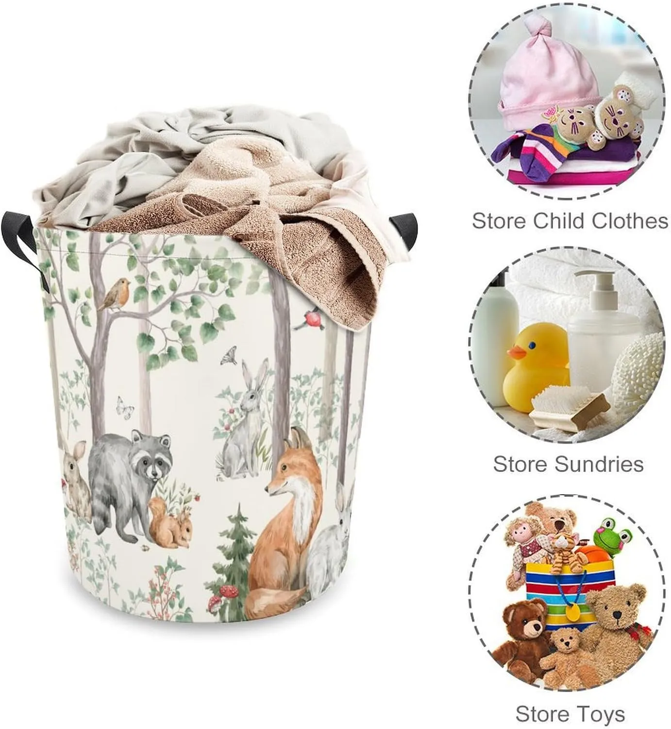 Woodland Animals Laundry Basket,Collapsible Clothes Hamper Waterproof Forest Fox Bear Deer Storage Basket with Handle Kids Room Jungle Deer Laundry Hamper with Drawstring